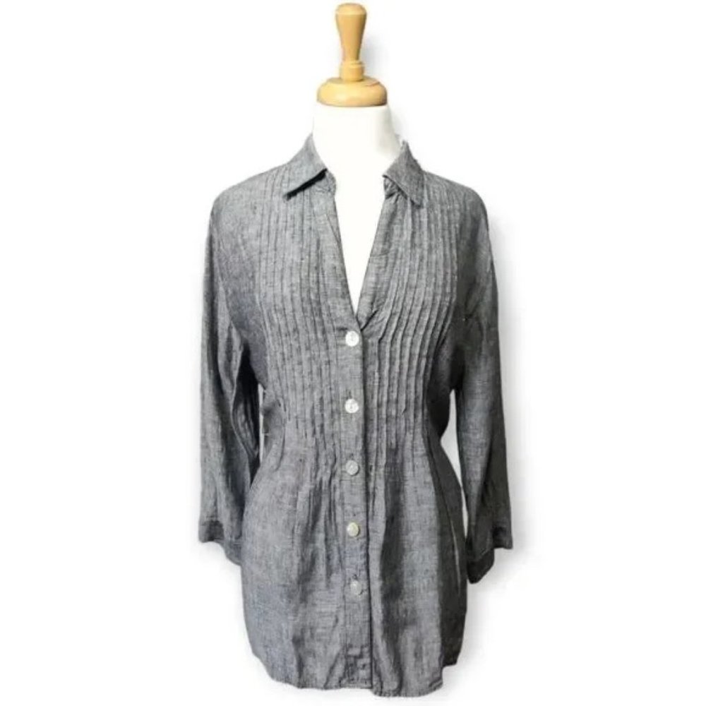 FOXCROFT LINEN SHAPED FIT GRAY BLUE BUTTON DOWN SHIRT BLOUSE